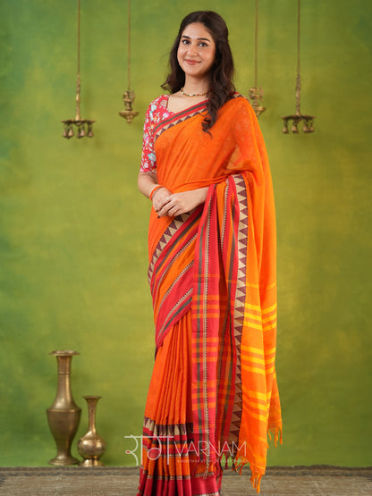 Narayanpet Orange Cotton Saree by Raag Varnam | Mercerized Finish With 2 Blouses Included