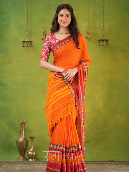 Narayanpet Orange Cotton Saree by Raag Varnam | Mercerized Finish With 2 Blouses Included