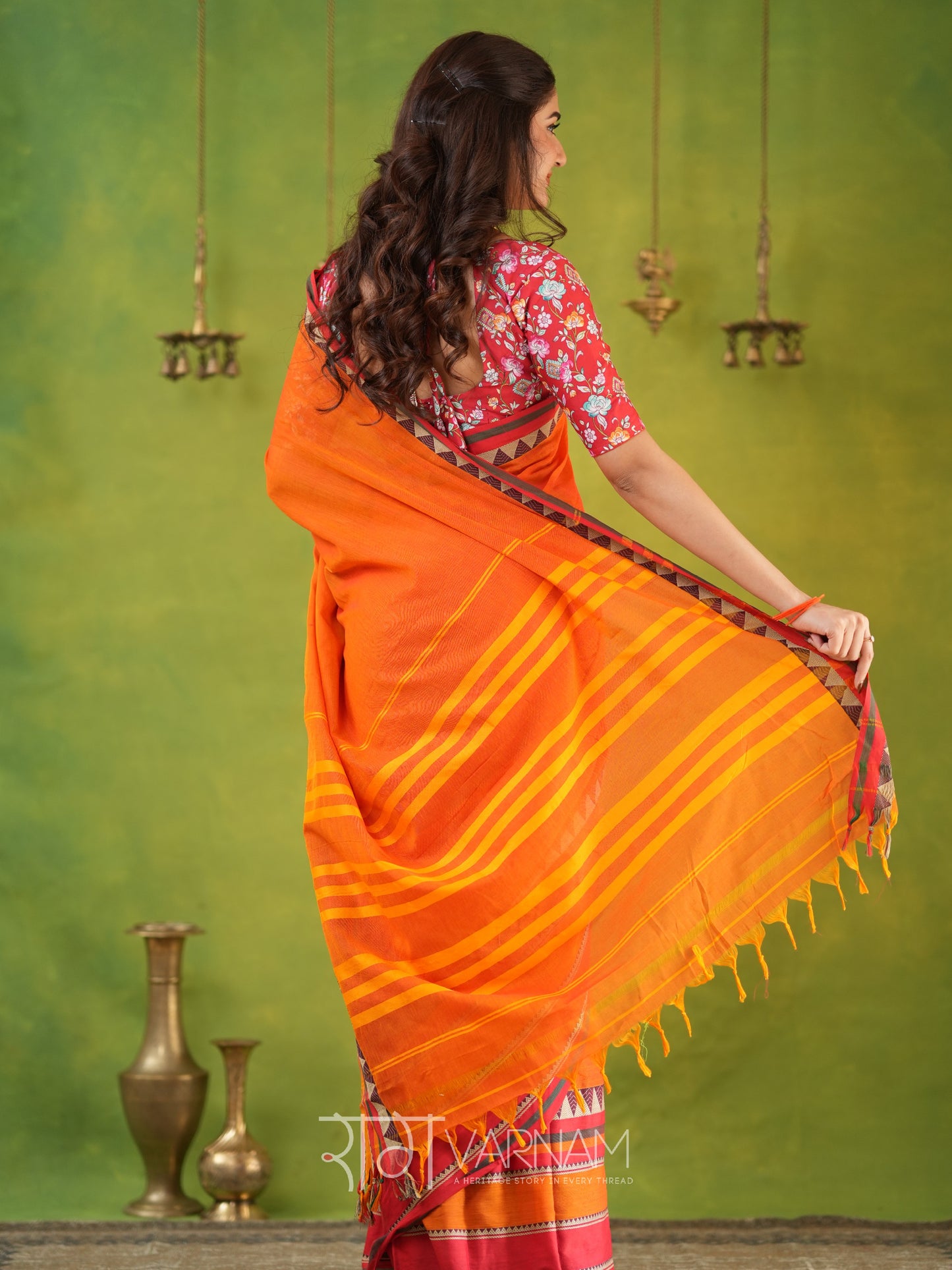 Narayanpet Orange Cotton Saree by Raag Varnam | Mercerized Finish With 2 Blouses Included