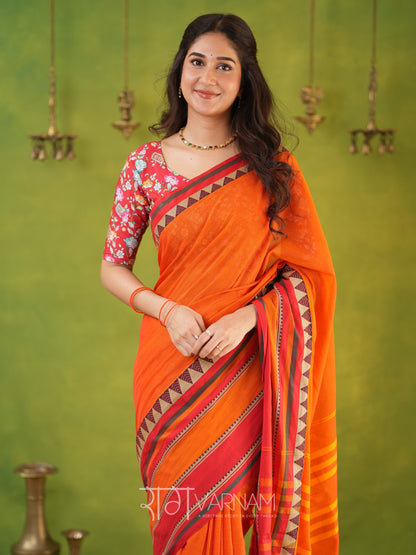 Narayanpet Orange Cotton Saree by Raag Varnam | Mercerized Finish With 2 Blouses Included