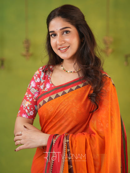 Narayanpet Orange Cotton Saree by Raag Varnam | Mercerized Finish With 2 Blouses Included
