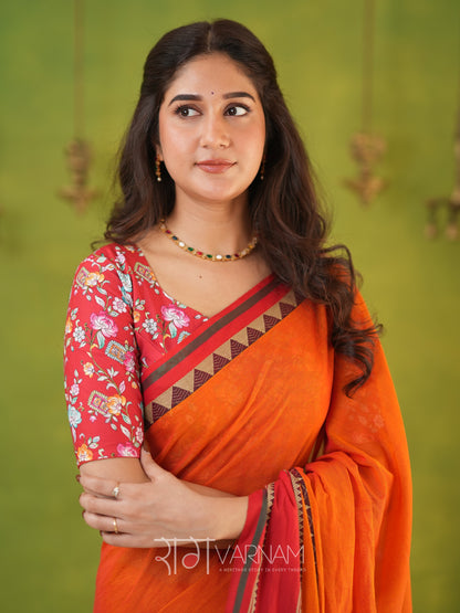 Narayanpet Orange Cotton Saree by Raag Varnam | Mercerized Finish With 2 Blouses Included