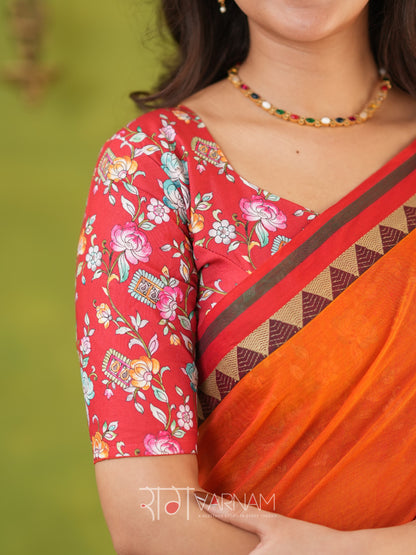 Narayanpet Orange Cotton Saree by Raag Varnam | Mercerized Finish With 2 Blouses Included