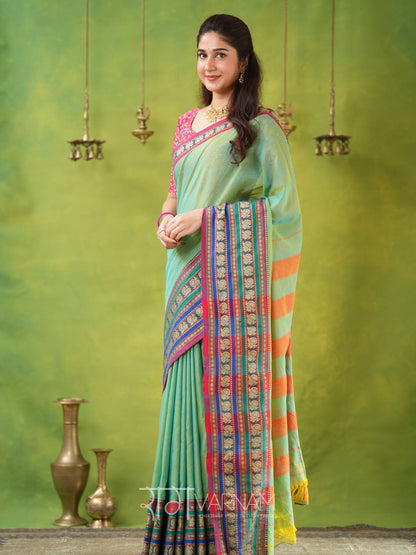 Narayanpet Green Cotton Saree by Raag Varnam | Mercerized Finish With 2 Blouses Included