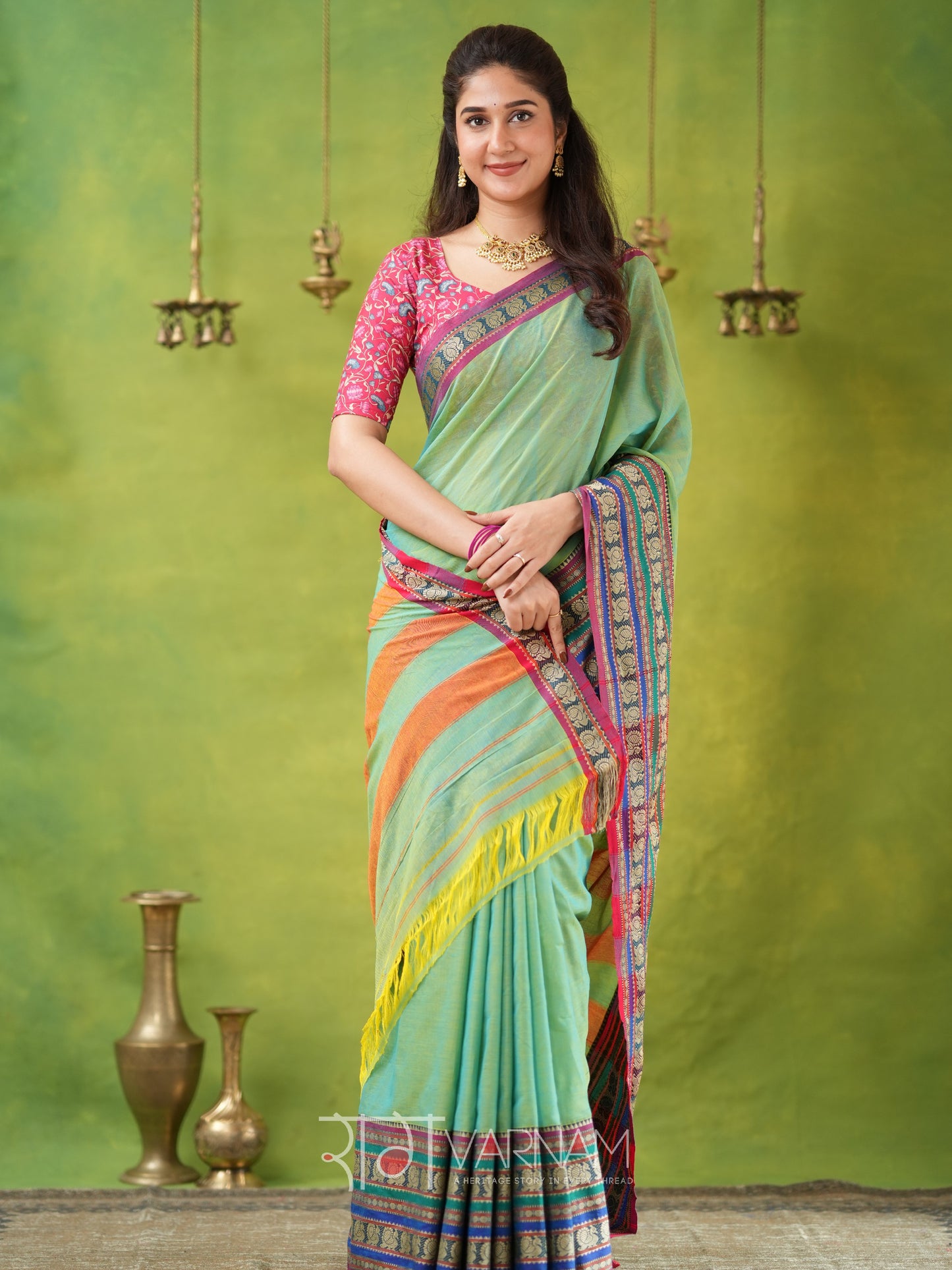 Narayanpet Green Cotton Saree by Raag Varnam | Mercerized Finish With 2 Blouses Included