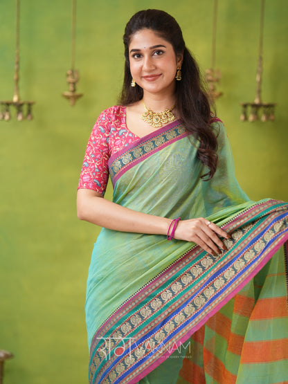 Narayanpet Green Cotton Saree by Raag Varnam | Mercerized Finish With 2 Blouses Included