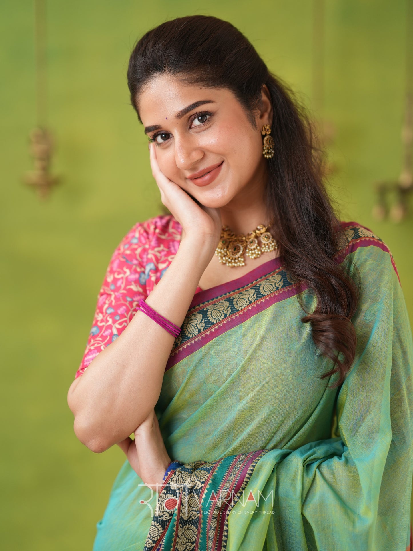 Narayanpet Green Cotton Saree by Raag Varnam | Mercerized Finish With 2 Blouses Included