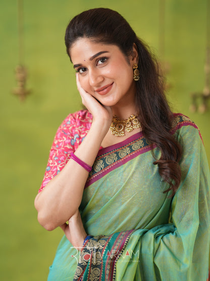 Narayanpet Green Cotton Saree by Raag Varnam | Mercerized Finish With 2 Blouses Included