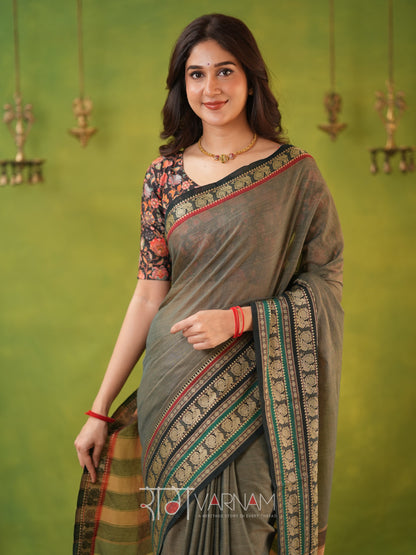 Narayanpet Grey Cotton Saree by Raag Varnam | Mercerized Finish With 2 Blouses Included