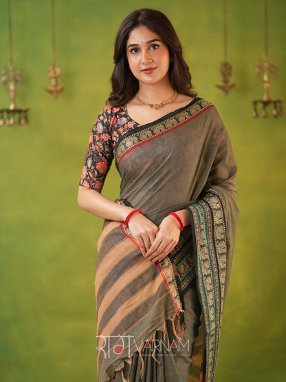 Narayanpet Grey Cotton Saree by Raag Varnam | Mercerized Finish With 2 Blouses Included