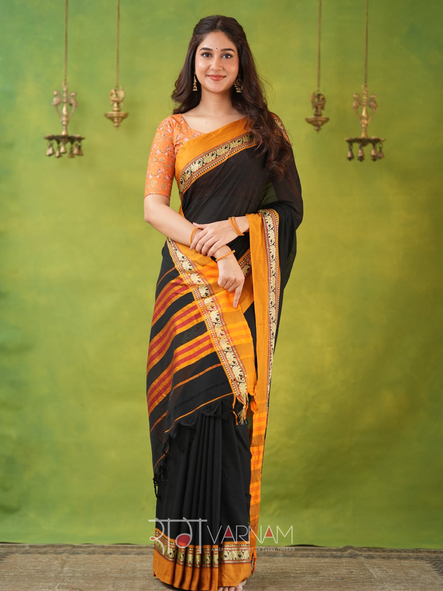 Narayanpet Black Cotton Saree by Raag Varnam | Mercerized Finish With 2 Blouses Included