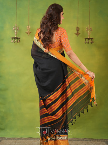 Narayanpet Black Cotton Saree by Raag Varnam | Mercerized Finish With 2 Blouses Included