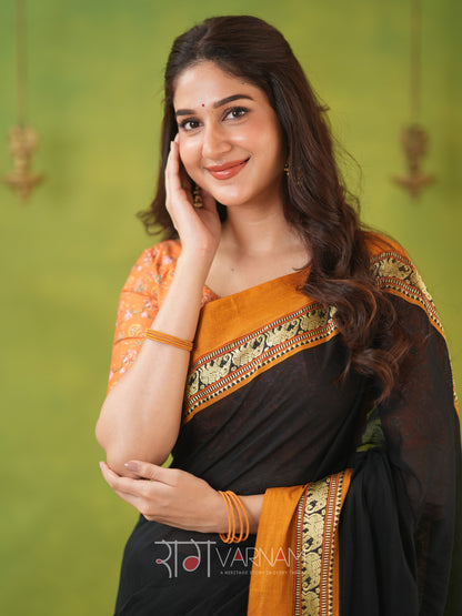 Narayanpet Black Cotton Saree by Raag Varnam | Mercerized Finish With 2 Blouses Included