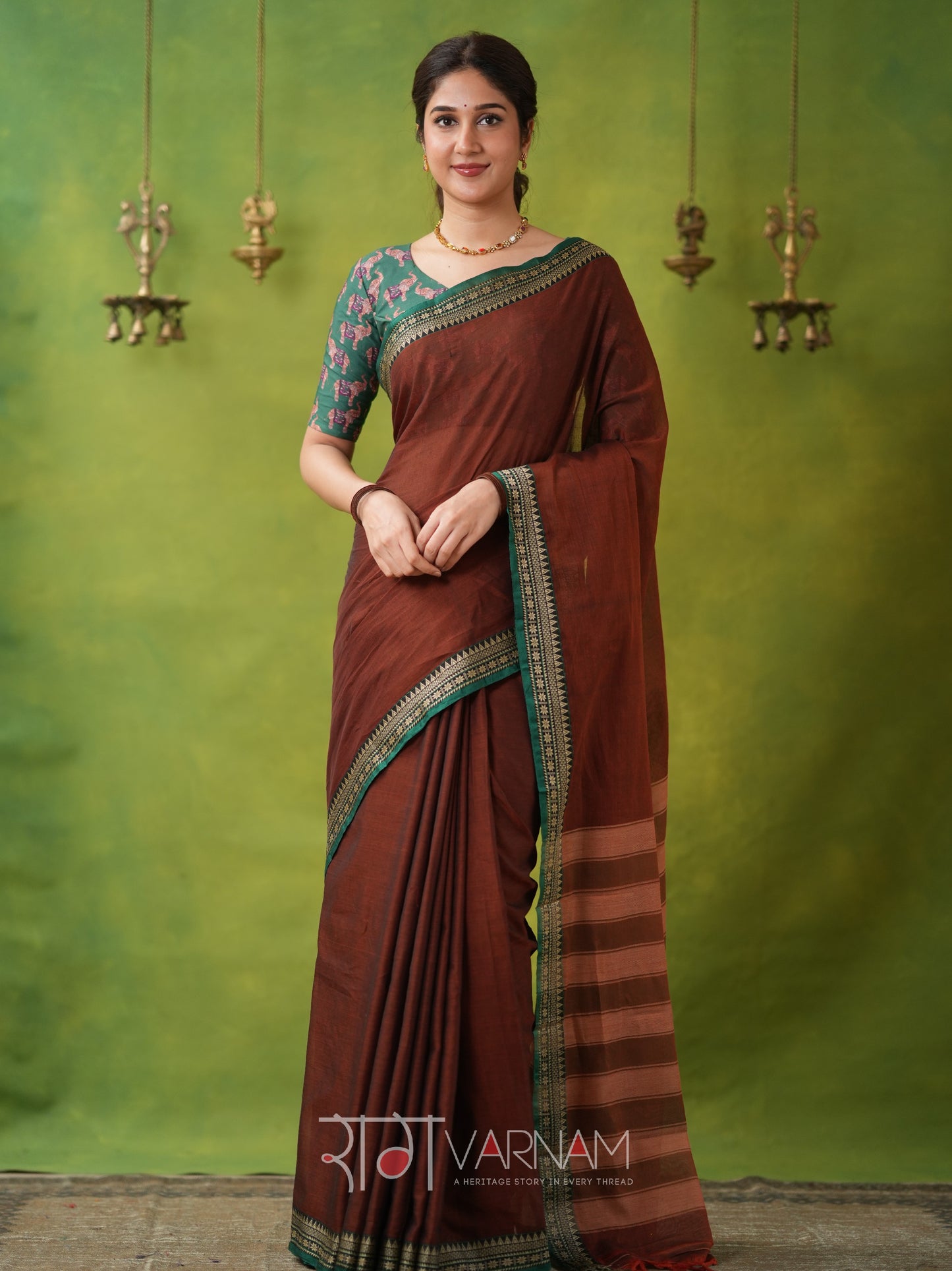 Narayanpet Brown Cotton Saree by Raag Varnam | Mercerized Finish With 2 Blouses Included