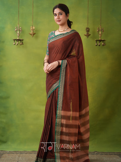 Narayanpet Brown Cotton Saree by Raag Varnam | Mercerized Finish With 2 Blouses Included