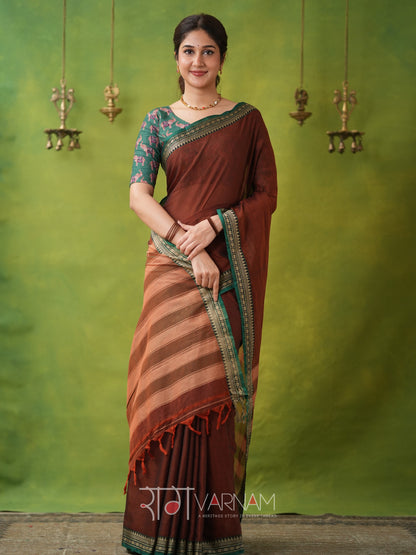 Narayanpet Brown Cotton Saree by Raag Varnam | Mercerized Finish With 2 Blouses Included