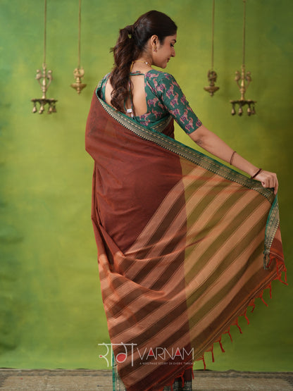 Narayanpet Brown Cotton Saree by Raag Varnam | Mercerized Finish With 2 Blouses Included