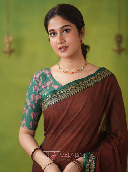 Narayanpet Brown Cotton Saree by Raag Varnam | Mercerized Finish With 2 Blouses Included