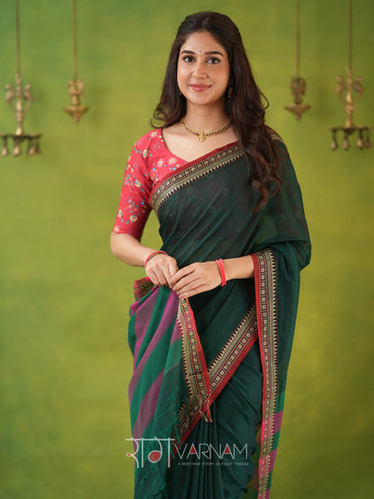 Narayanpet Green Cotton Saree by Raag Varnam | Mercerized Finish With 2 Blouses Included