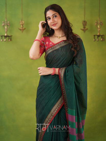 Narayanpet Green Cotton Saree by Raag Varnam | Mercerized Finish With 2 Blouses Included