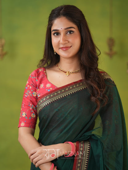 Narayanpet Green Cotton Saree by Raag Varnam | Mercerized Finish With 2 Blouses Included