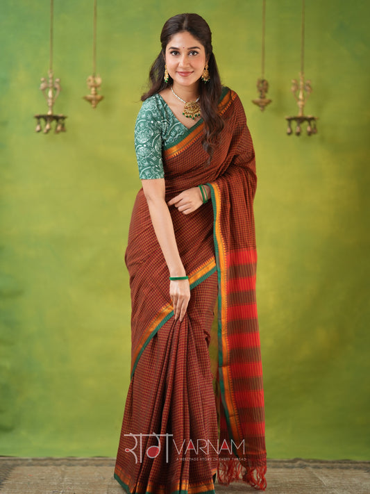Narayanpet Brown Cotton Saree by Raag Varnam | Mercerized Finish With 2 Blouses Included