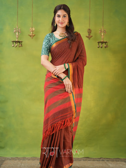Narayanpet Brown Cotton Saree by Raag Varnam | Mercerized Finish With 2 Blouses Included