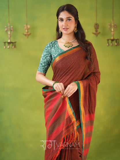 Narayanpet Brown Cotton Saree by Raag Varnam | Mercerized Finish With 2 Blouses Included