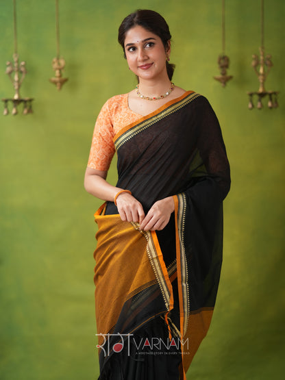 Narayanpet Black Cotton Saree by Raag Varnam | Mercerized Finish With 2 Blouses Included