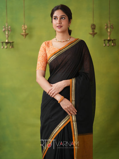 Narayanpet Black Cotton Saree by Raag Varnam | Mercerized Finish With 2 Blouses Included