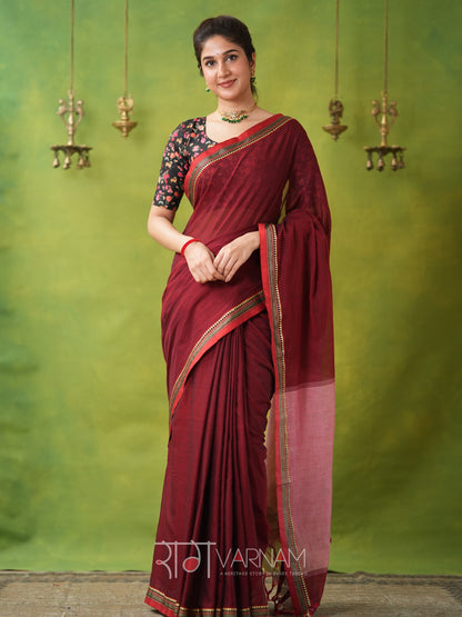 Narayanpet Maroon Cotton Saree by Raag Varnam | Mercerized Finish With 2 Blouses Included