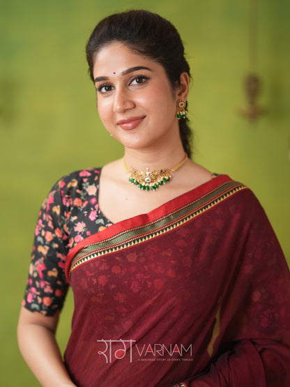 Narayanpet Maroon Cotton Saree by Raag Varnam | Mercerized Finish With 2 Blouses Included