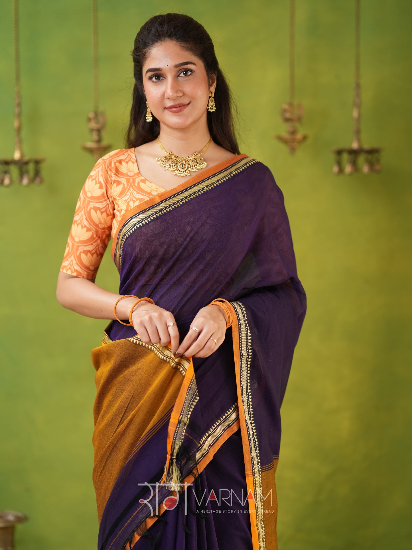 Narayanpet Violet  Cotton Saree by Raag Varnam | Mercerized Finish With 2 Blouses Included