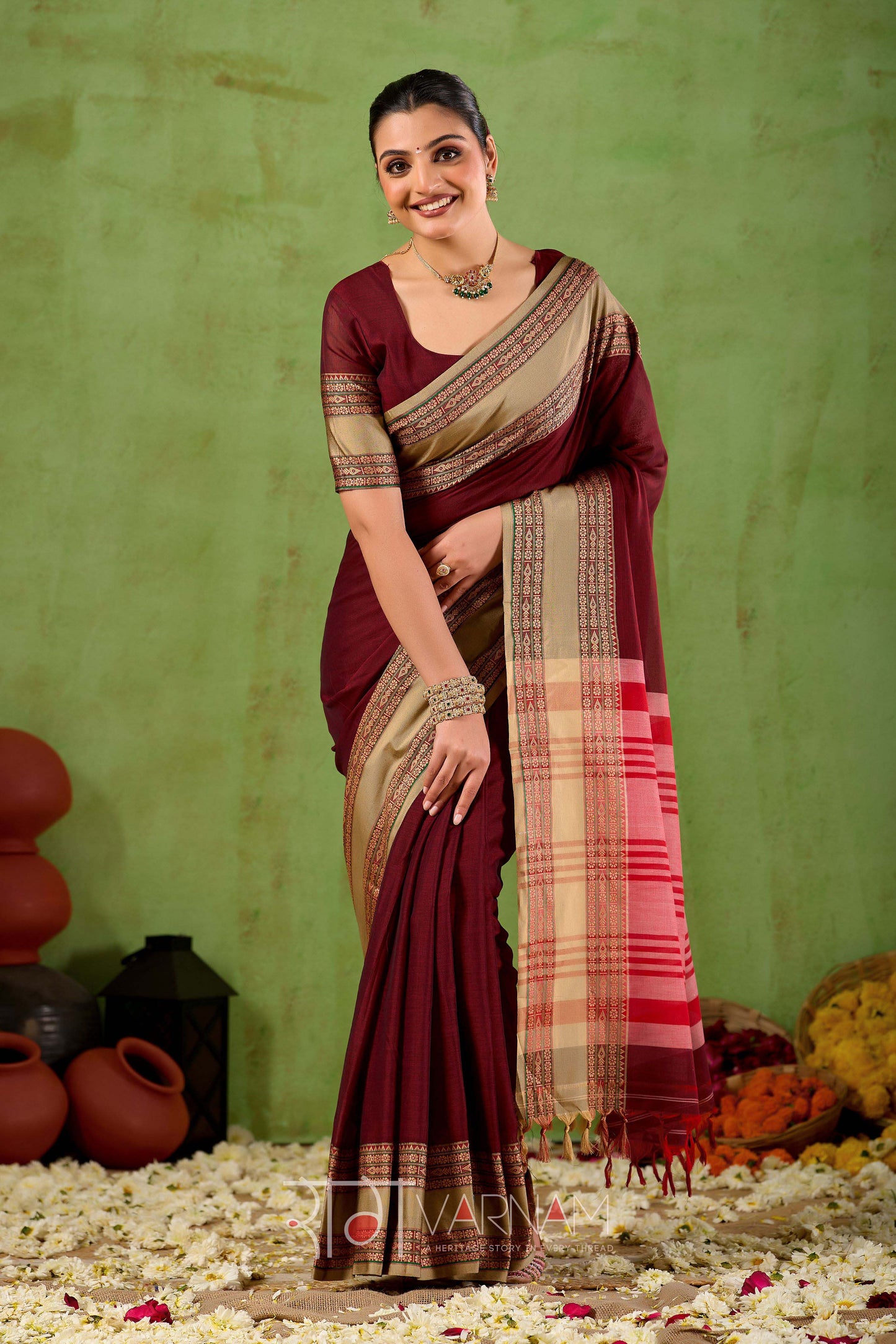 Raag Varnam Maroon Narayanpet Mercerized Cotton Saree