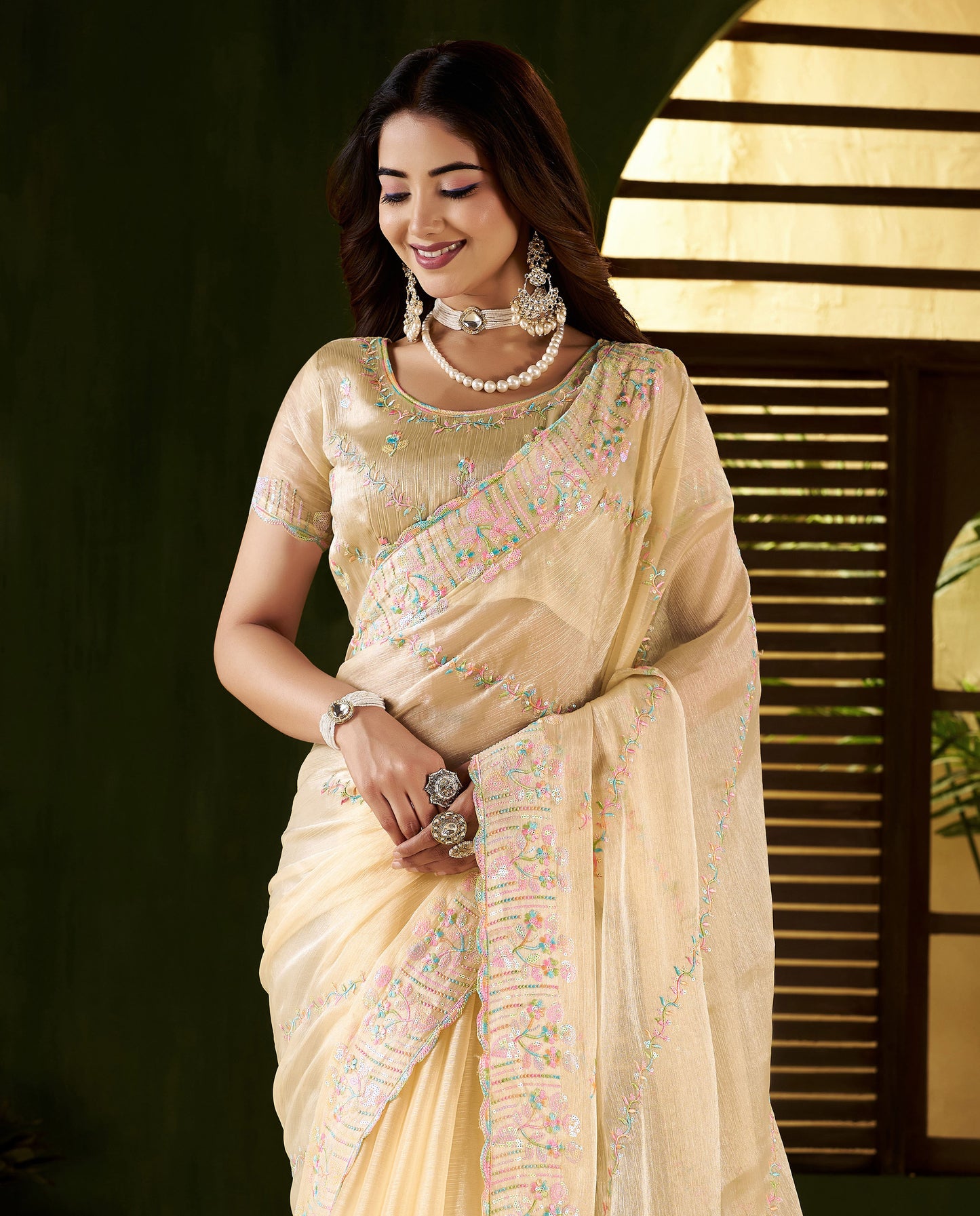 Beige Jimmy Choo Fabric Saree with Multi Thread Embroidered Work for Women