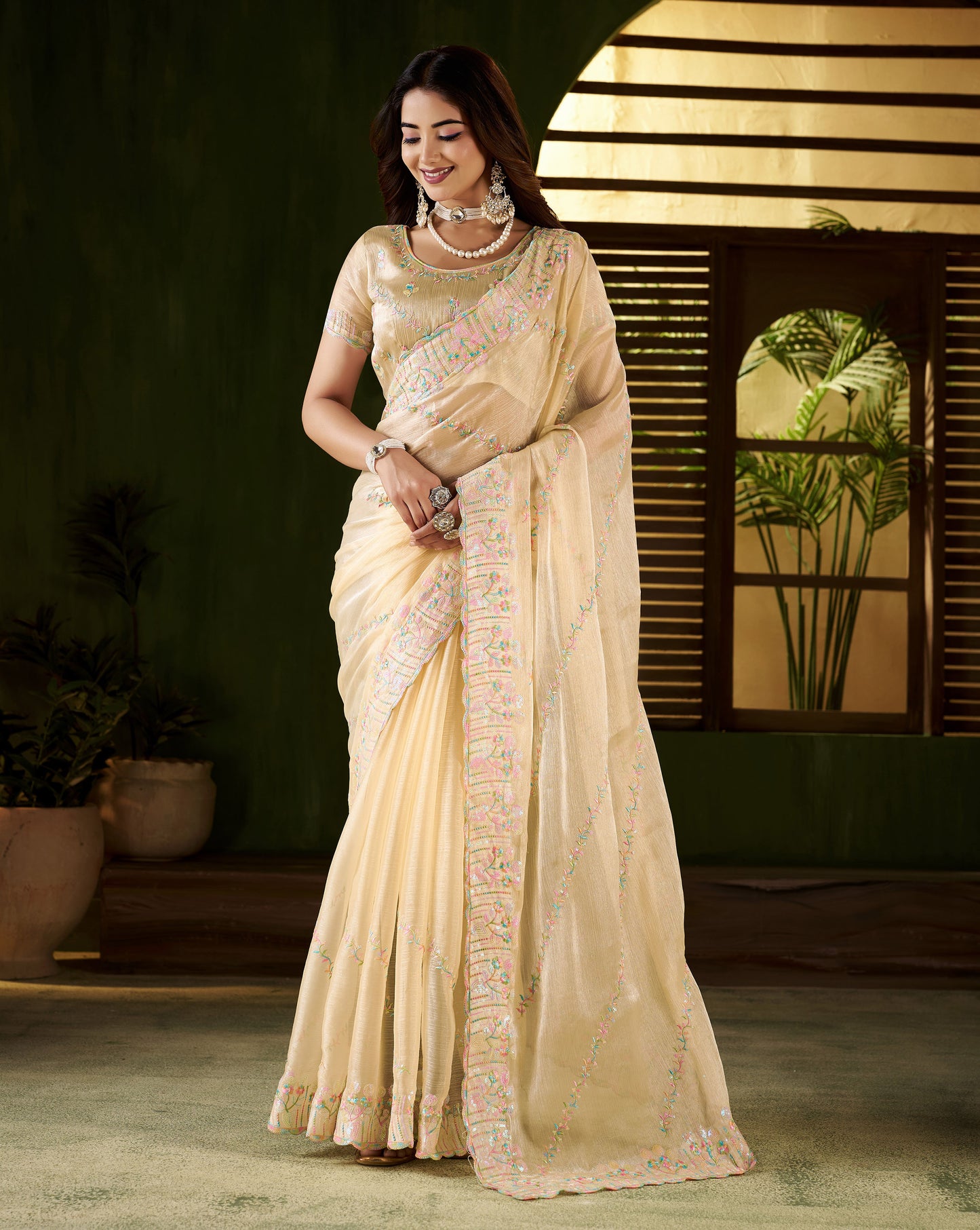 Beige Jimmy Choo Fabric Saree with Multi Thread Embroidered Work for Women