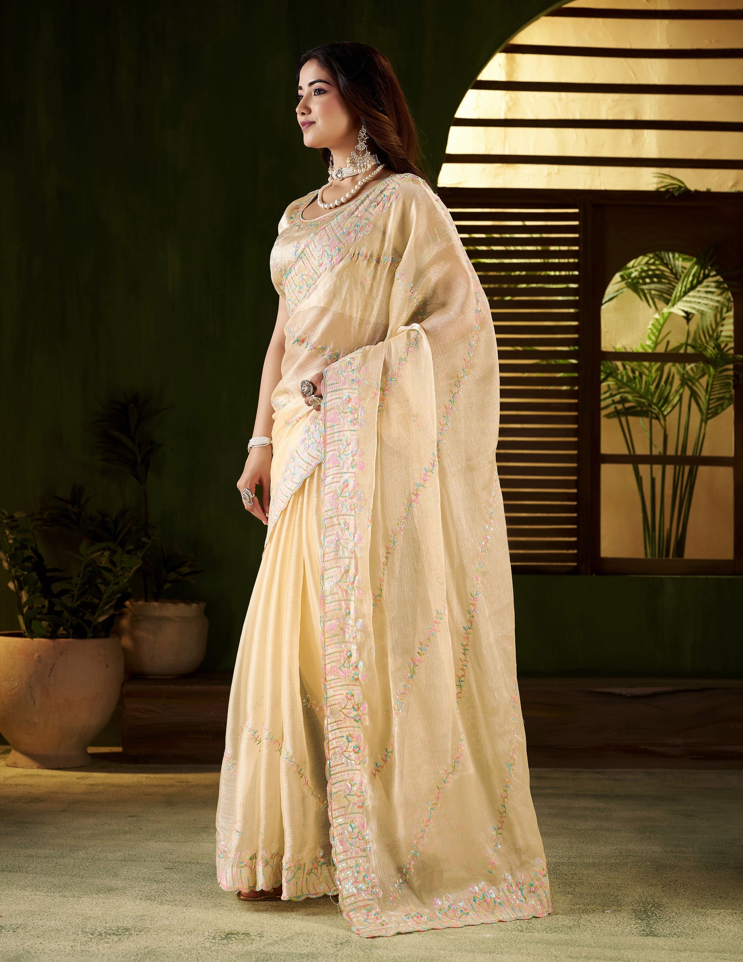 Beige Jimmy Choo Fabric Saree with Multi Thread Embroidered Work for Women