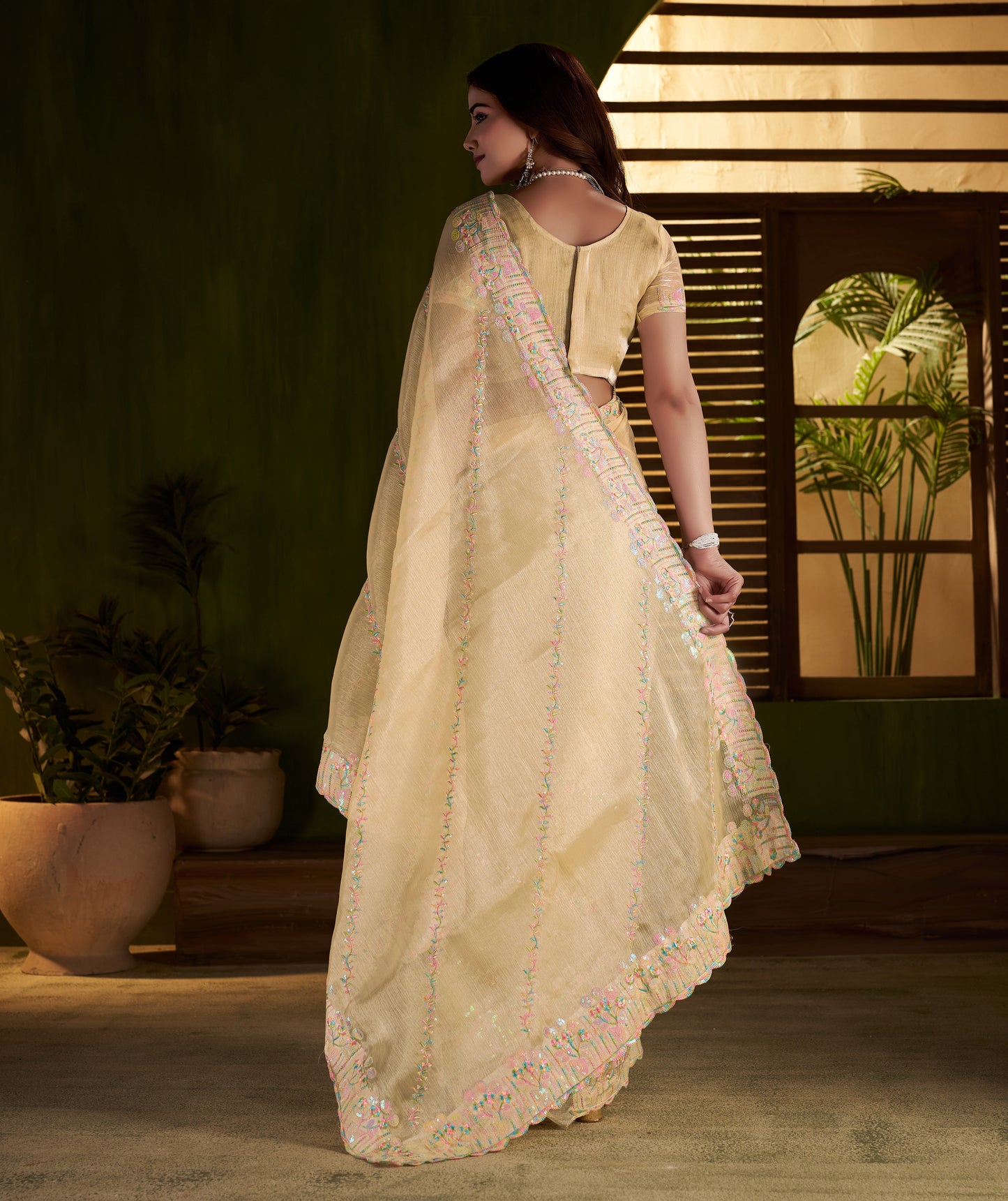 Beige Jimmy Choo Fabric Saree with Multi Thread Embroidered Work for Women