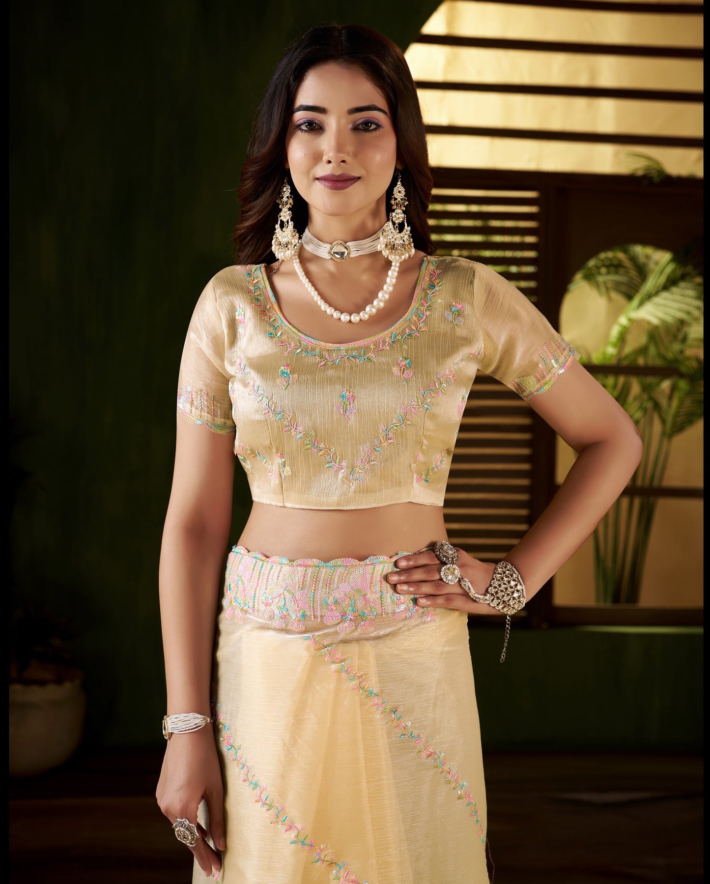 Beige Jimmy Choo Fabric Saree with Multi Thread Embroidered Work for Women