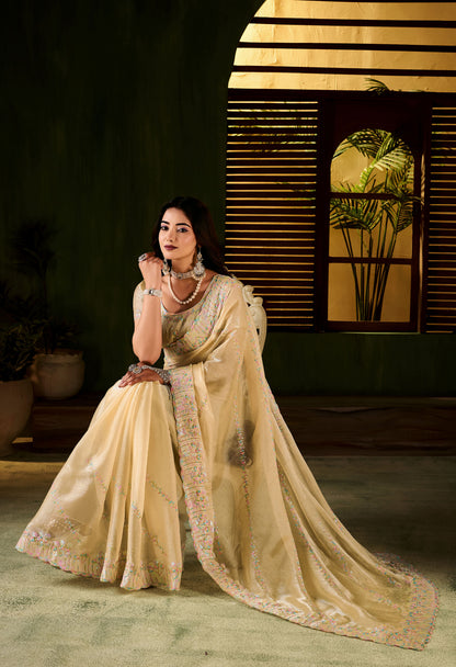 Beige Jimmy Choo Fabric Saree with Multi Thread Embroidered Work for Women
