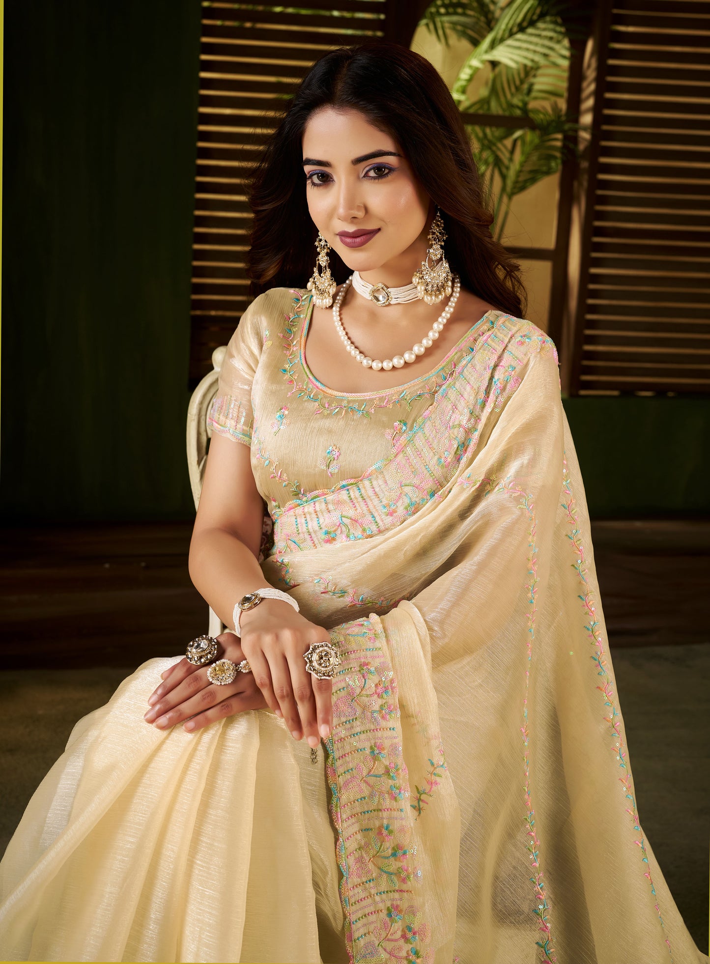 Beige Jimmy Choo Fabric Saree with Multi Thread Embroidered Work for Women