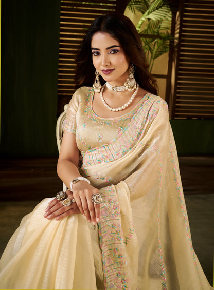 Beige Jimmy Choo Fabric Saree with Multi Thread Embroidered Work for Women