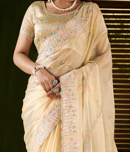 Beige Jimmy Choo Fabric Saree with Multi Thread Embroidered Work for Women