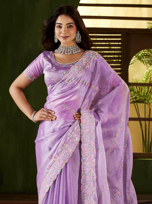 Lavender Jimmy Choo Fabric Saree with Multi Thread Embroidered Work for Women