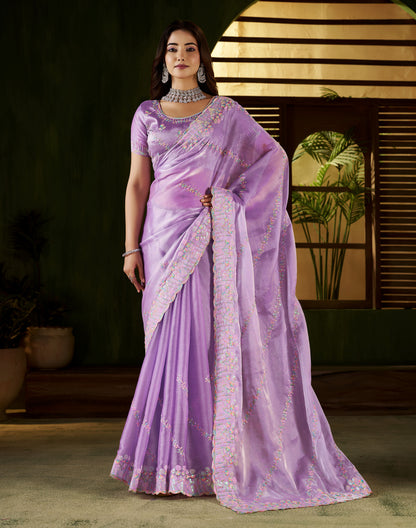 Lavender Jimmy Choo Fabric Saree with Multi Thread Embroidered Work for Women