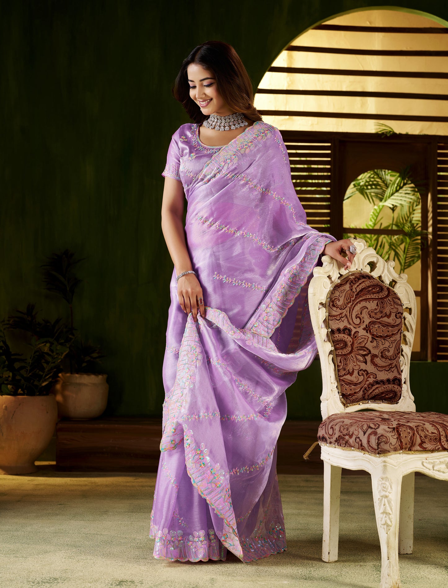 Lavender Jimmy Choo Fabric Saree with Multi Thread Embroidered Work for Women