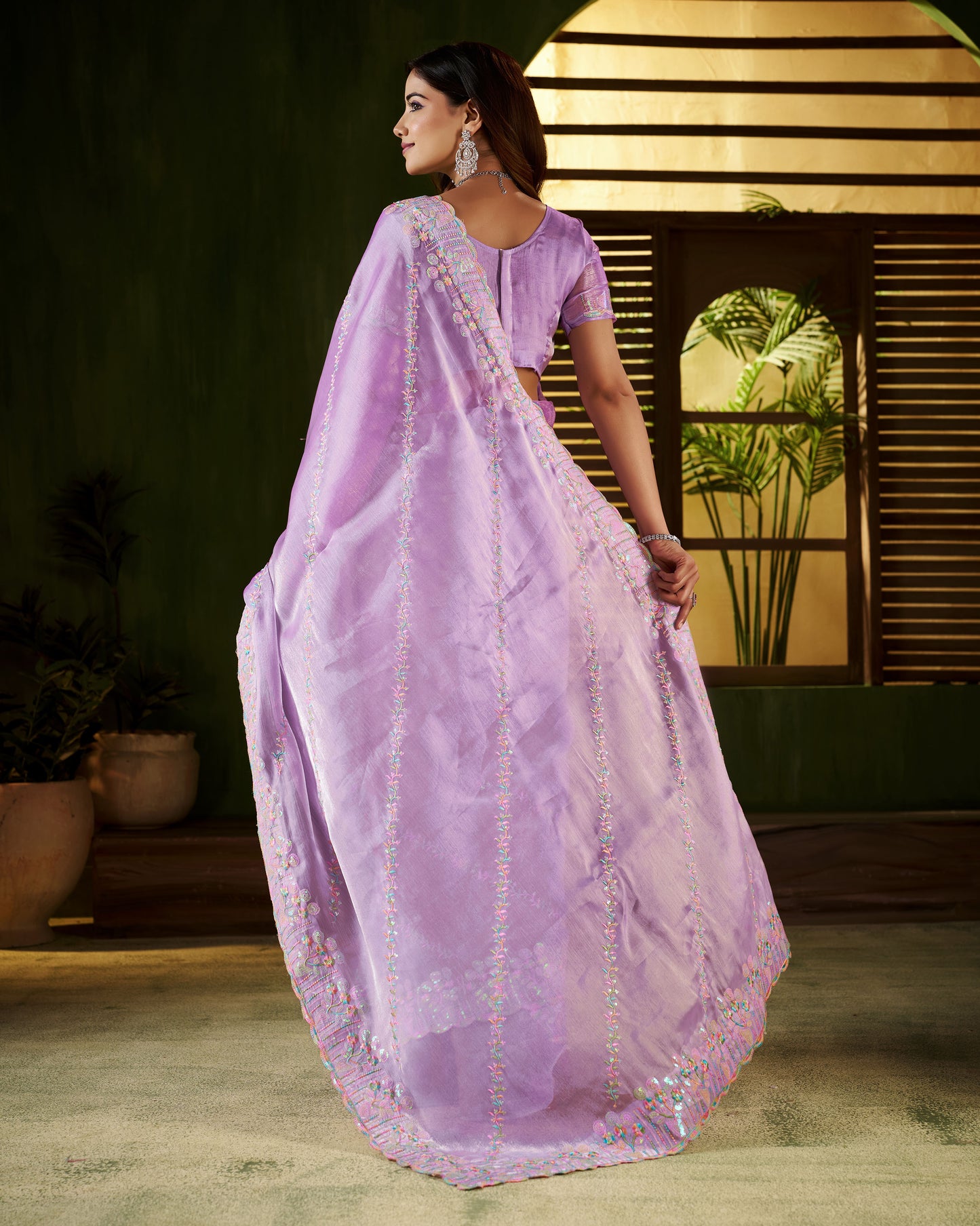 Lavender Jimmy Choo Fabric Saree with Multi Thread Embroidered Work for Women