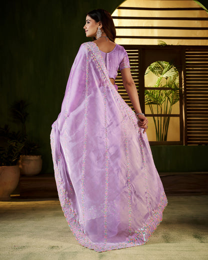 Lavender Jimmy Choo Fabric Saree with Multi Thread Embroidered Work for Women