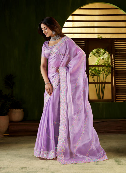 Lavender Jimmy Choo Fabric Saree with Multi Thread Embroidered Work for Women