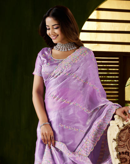 Lavender Jimmy Choo Fabric Saree with Multi Thread Embroidered Work for Women